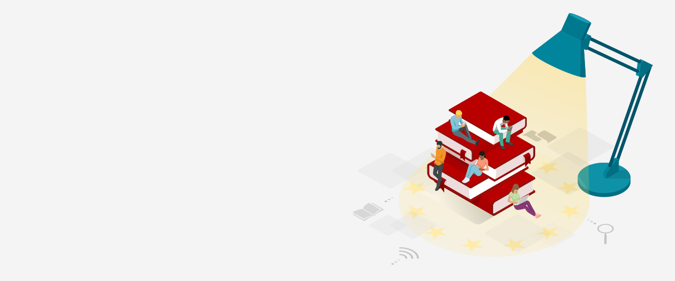 Isometric illustration of a lamp highlighting various people sitting on a giant stack of books